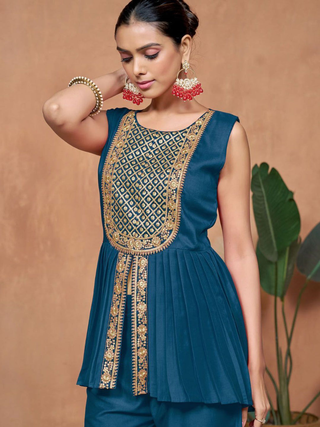 Sangria Floral Embroidered A-Line Kurta & Palazzo With Dupatta | Grocsy