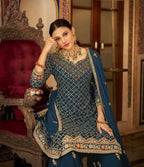 Teal Heavy Chinon Semi Stitched Kurta with Bottom & Dupatta - Dhvani | Grocsy