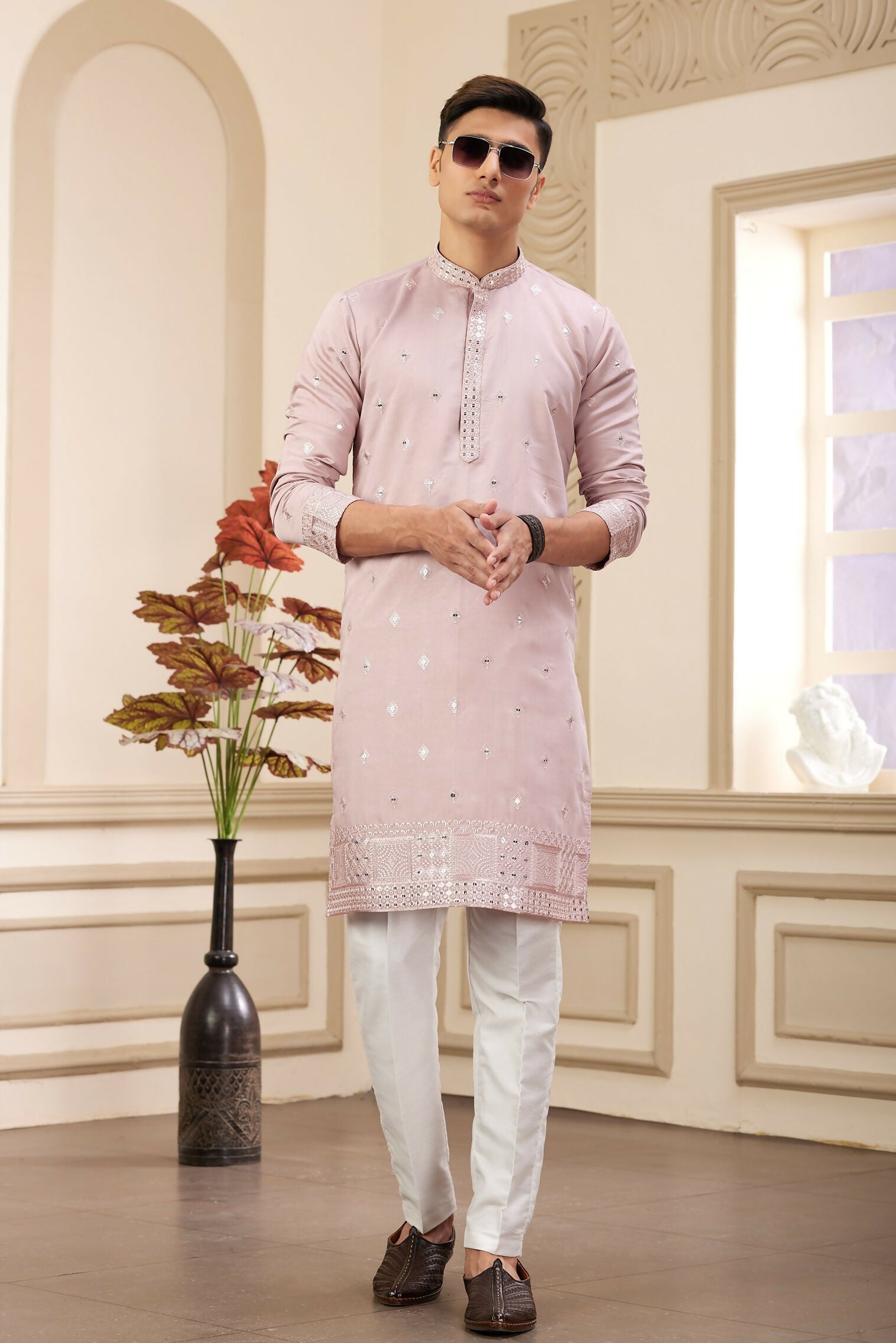 Raivat Ethnic Men's Art Silk Thread Work Kurta Pyjama In Onion Colour | Grocsy