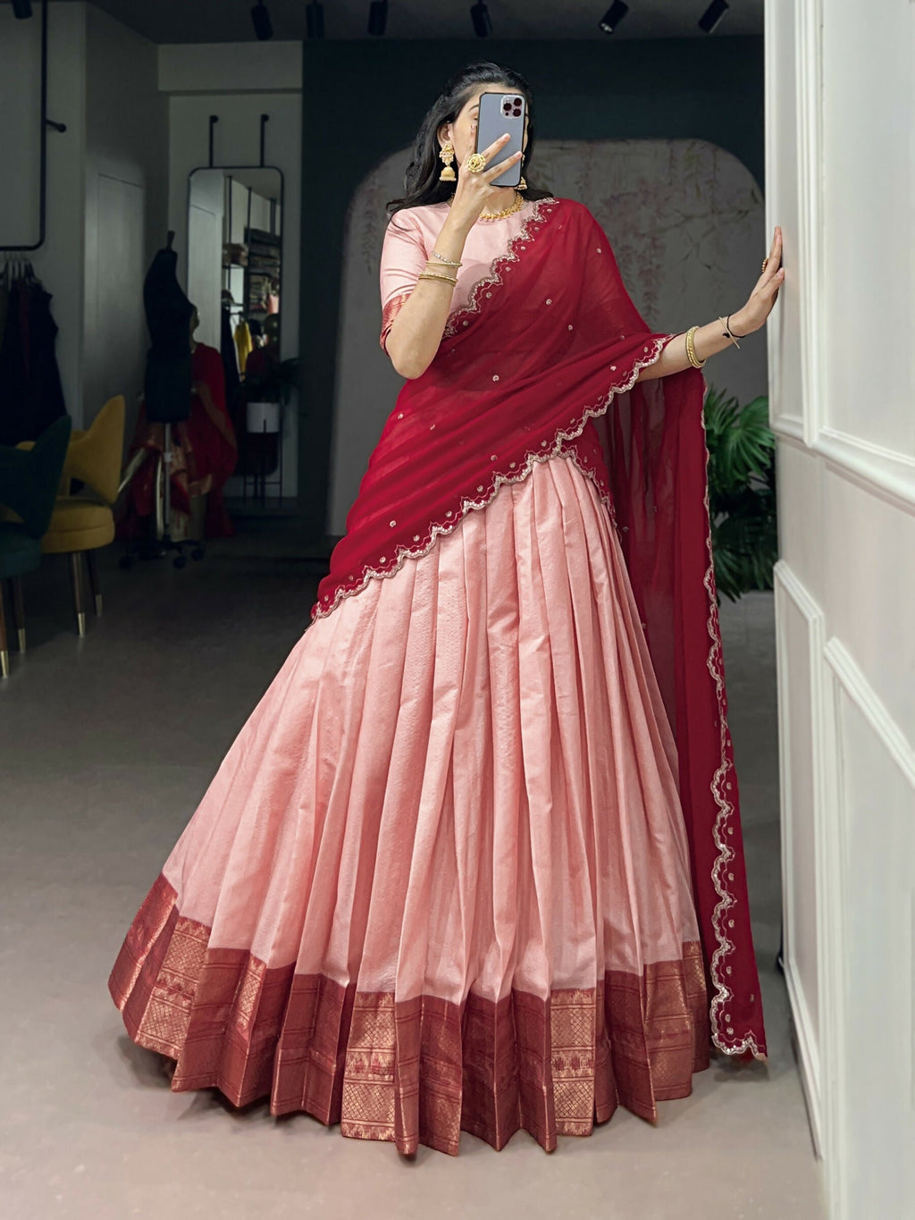 Lorenvalley Fashion Peach Cotton Silk Zari Weaving Work Lehenga Choli with Dupatta | Grocsy