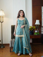 Teeya Creation Womens Trending Heavy Embroidery Sequence Work Kurta Sharara Set - Teal | Grocsy
