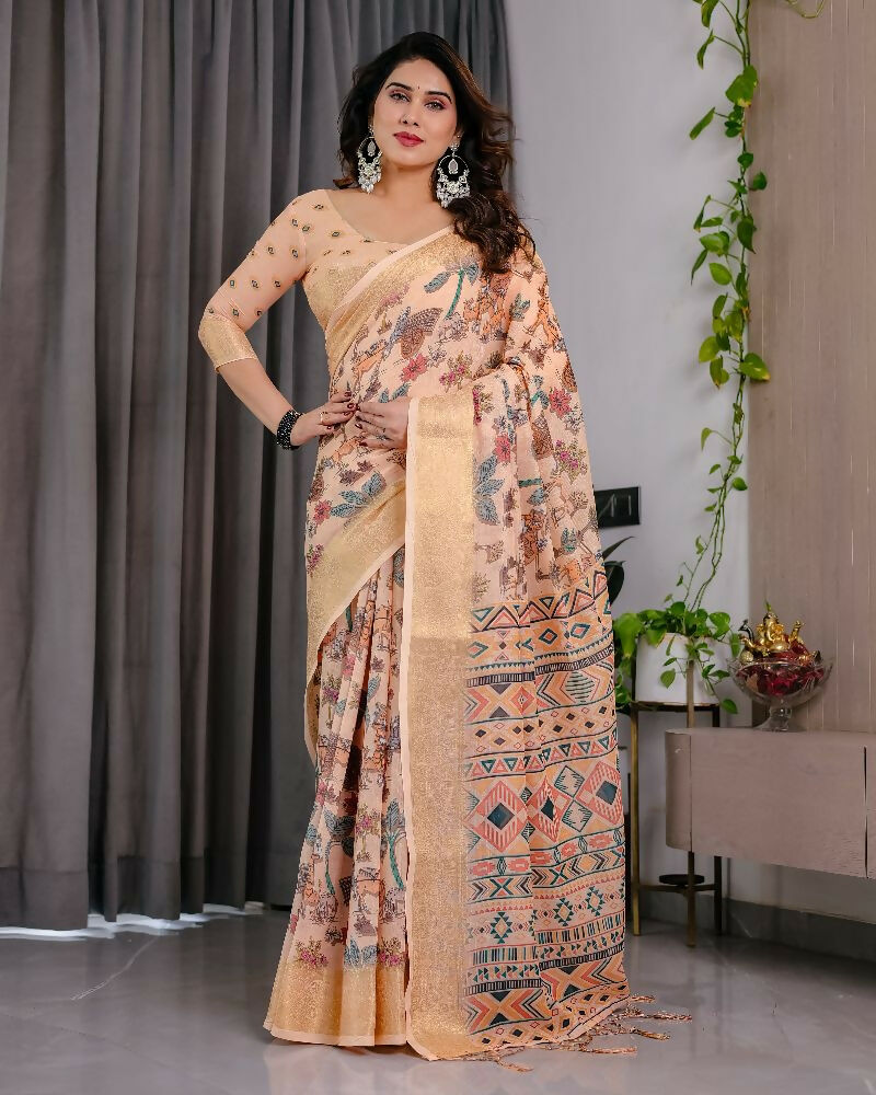 PR Fashion Cream Pure Handloom Linen Saree | Grocsy