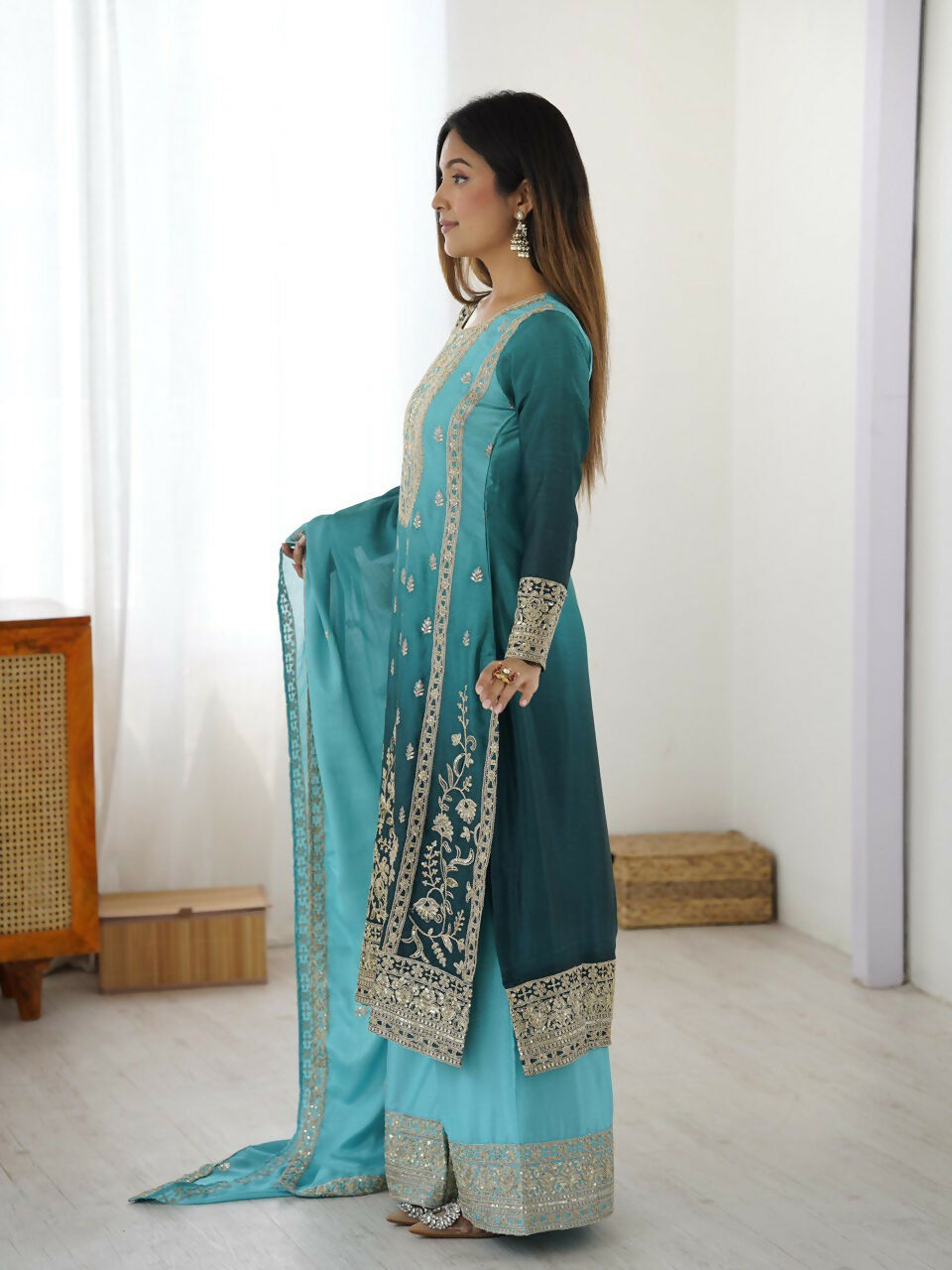 The52 Women's Gorgeous Chinon silk Fabric Embroidery Work Straight Kurta Palazzo and Dupatta Set | Grocsy