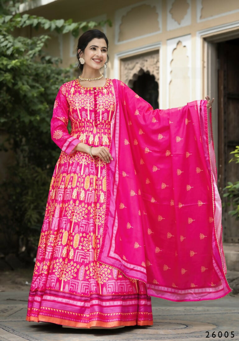Wedding Designer Pink Soft Dola Silk Anarkali suit with Dupatta - Samanta | Grocsy