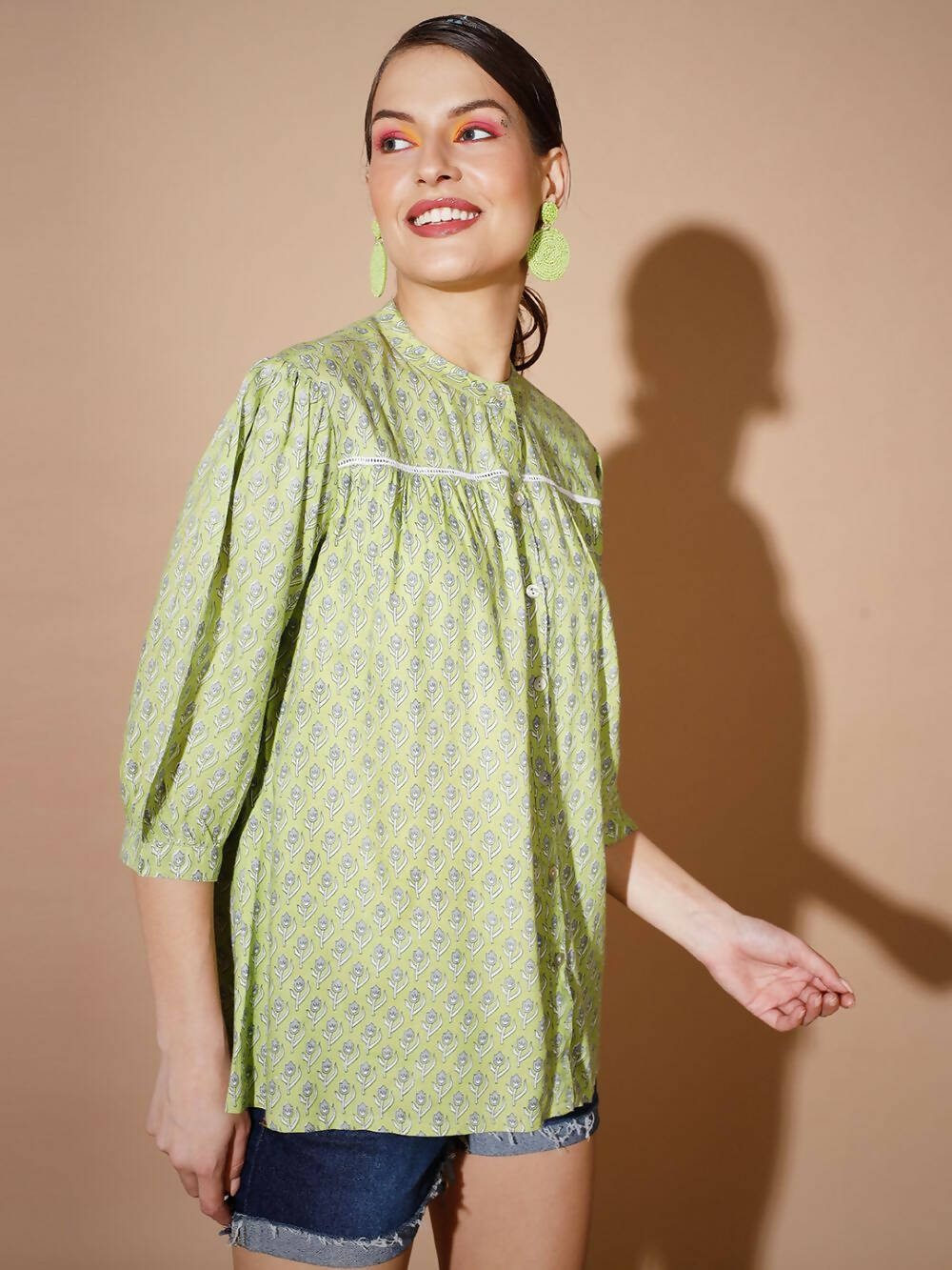 Myshka Women Green Ethnic Motifs Tops | Grocsy