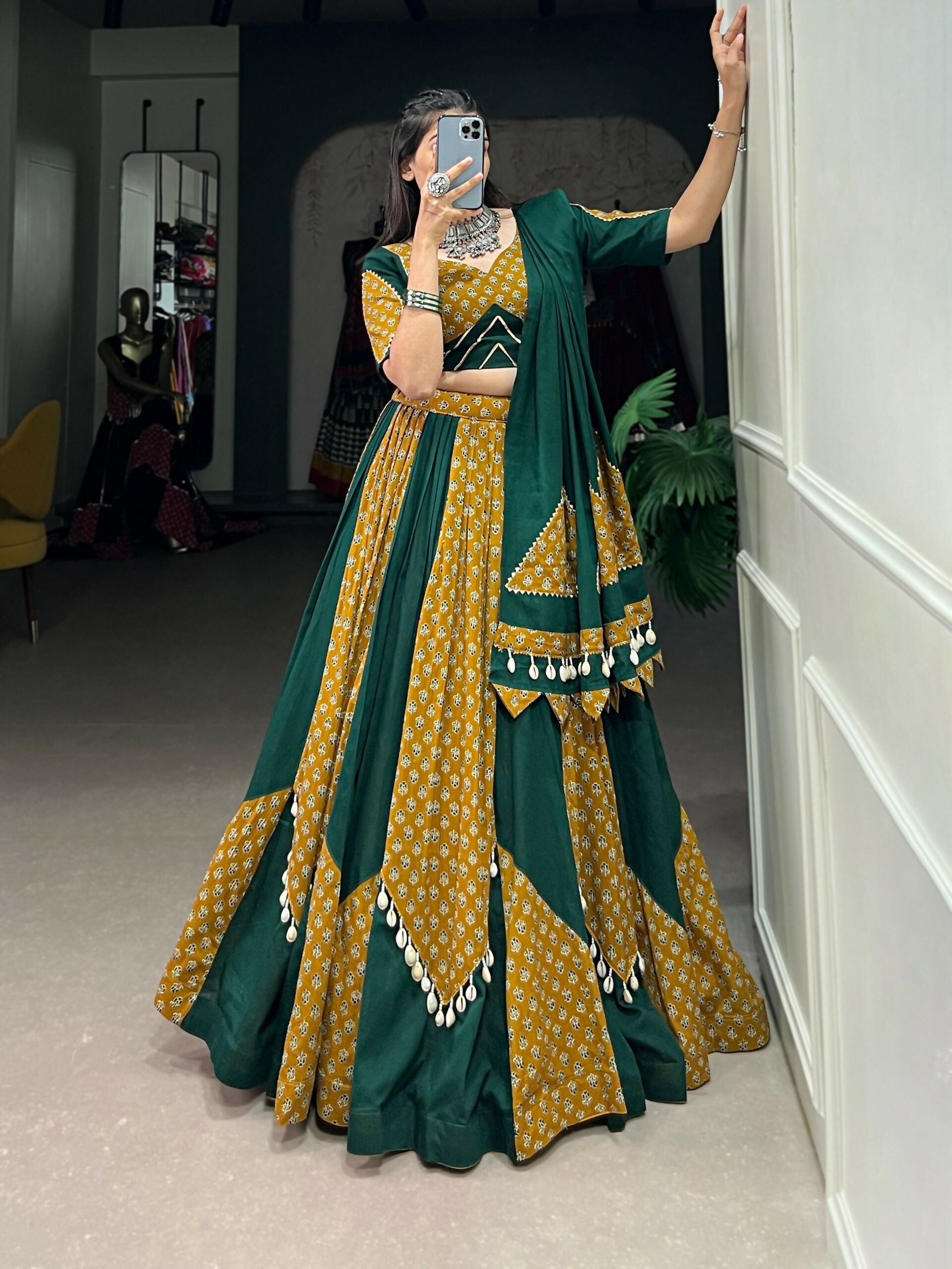 Vastranavya Navaratri Special Pure Cotton Printed With Cowrie (Kodi) Lace Touch Up Lehenga with Stitched Blouse - Green | Grocsy