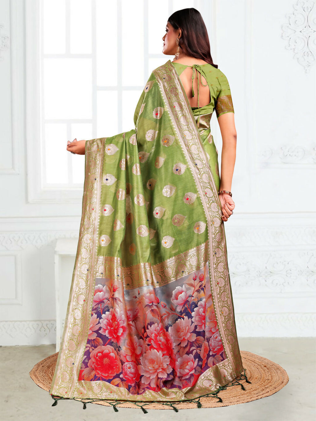 Shree Shyam Fashion Linen Cotton Green Saree | Grocsy
