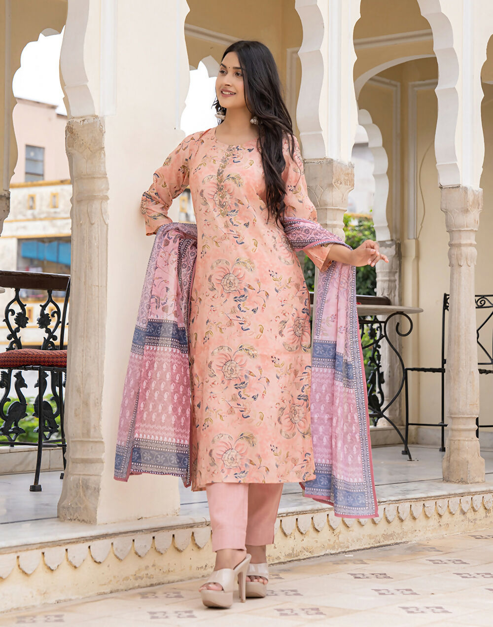 Kaajh Women's Peach Floral Printed Modal Suit Set | Grocsy