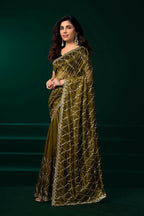 Joban Fashion Mehandi Green Net Party Wear Sarees | Grocsy