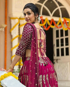 Jyoti Fashion Graceful Cherry Red Faux Georgette Jari Embroidery Lehenga Choli with Dupatta | Grocsy