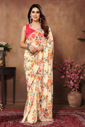 Partywear Designer Cream Georgette Fancy Saree - Satrangi | Grocsy