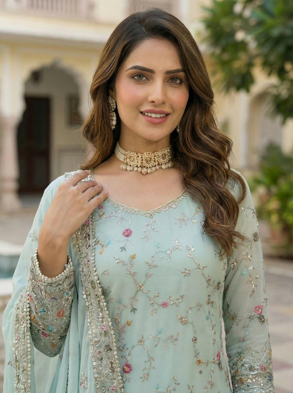 Teeya Creation Sky Faux Georgette Multi Thread Work Wedding Wear Sharara Set | Grocsy