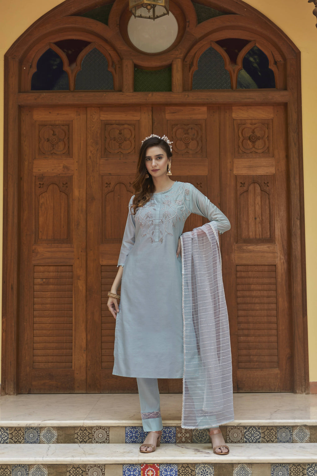 Sky Blue Chinon Embroidered Kurta and Bottom with Dupatta - Akashara | Grocsy