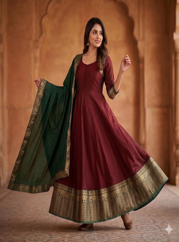 Teeya Creation Royal Maroon Anarkali Gown with Zari Border Dupatta for Women | Grocsy