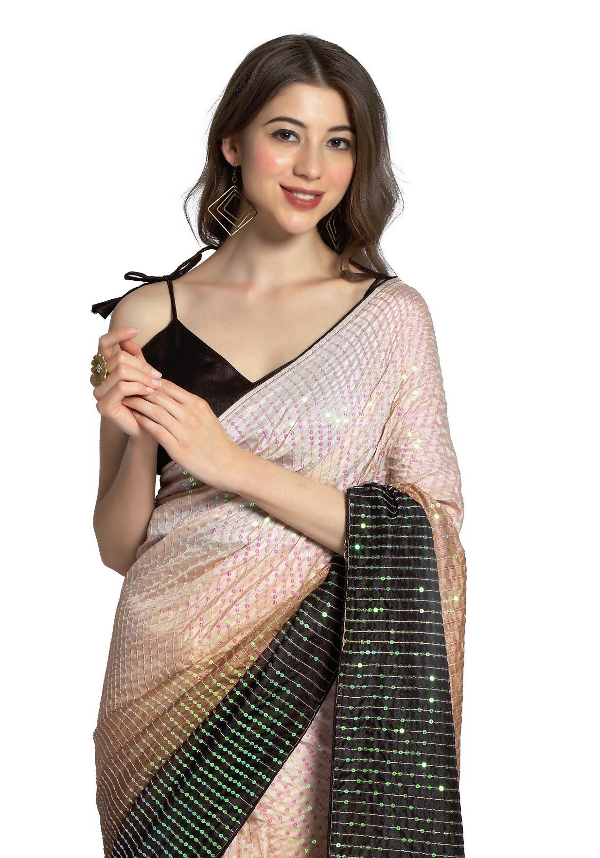 Vegaa Fashion Cream Vichitra Silk Embroidered Party Wear Saree | Grocsy