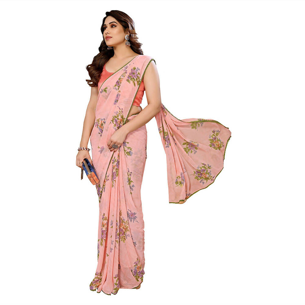 Women's Partywear Designer Peach Georgette Fancy Saree - Satrangi | Grocsy