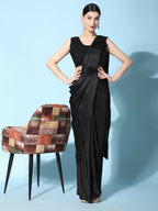 Black Imported Crush Lycra Texture Pattern Ready to Wear Saree with stitched Blouse - Nirvana | Grocsy