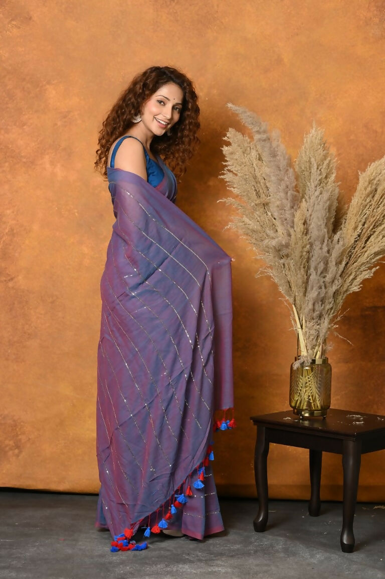 Very Much Indian Designer Mul Cotton Handloom Saree with Sequins - Purple | Grocsy