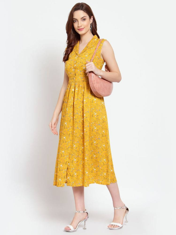 Myshka Women's Mustard Printed Rayon Sleeveless Collar Neck Casual Dress | Grocsy