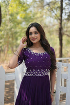 Vastranavya Faux Blooming with Beads embroidery-work Gown - Purple | Grocsy