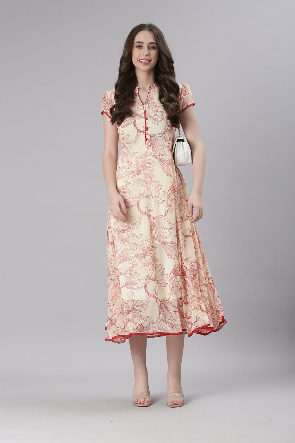 Souchii Floral Tiered Midi Dress For Women – Elegant Beige Button-Front A-Line | Grocsy