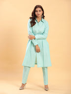 BohoJazz Mint Green Longline Shirt with Formal Pants Co-ord Set | Grocsy