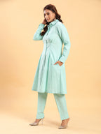 BohoJazz Mint Green Longline Shirt with Formal Pants Co-ord Set | Grocsy