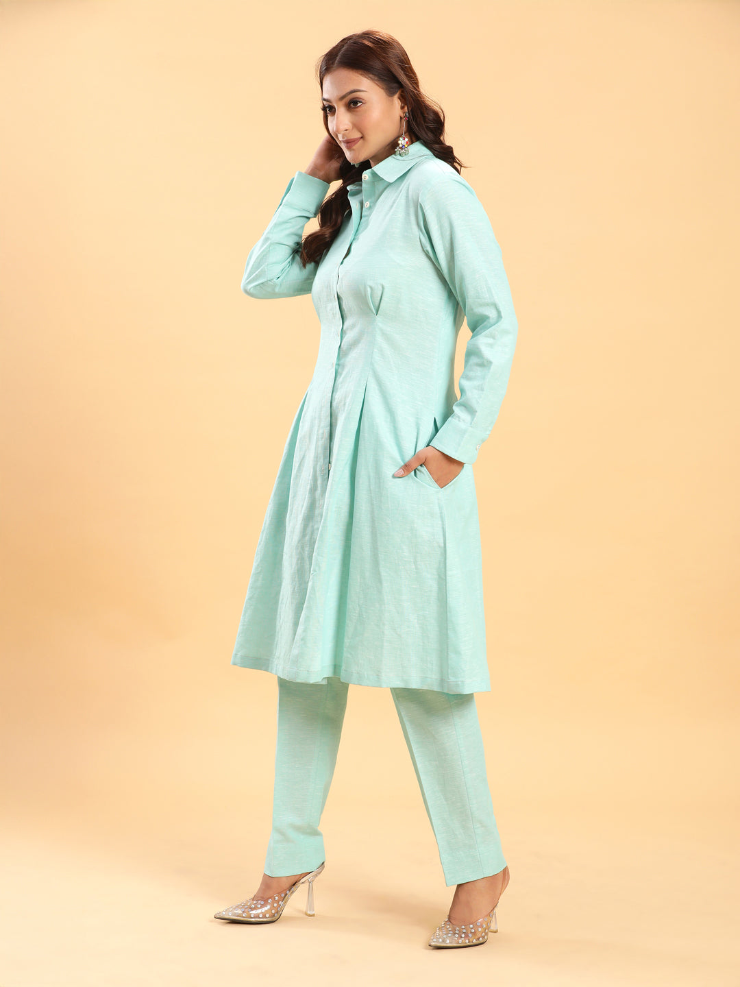 BohoJazz Mint Green Longline Shirt with Formal Pants Co-ord Set | Grocsy