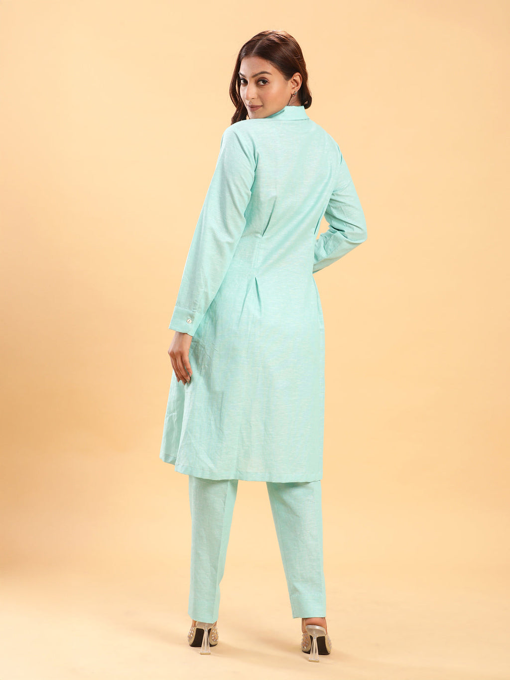 BohoJazz Mint Green Longline Shirt with Formal Pants Co-ord Set | Grocsy