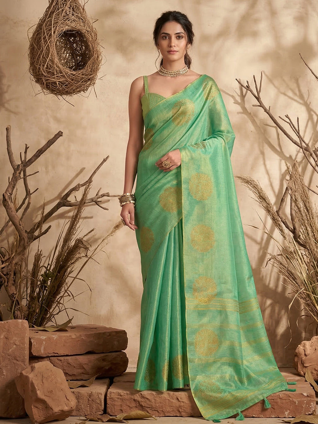 Anaita Mint Tissue Silk Woven Saree With Blouse | Grocsy