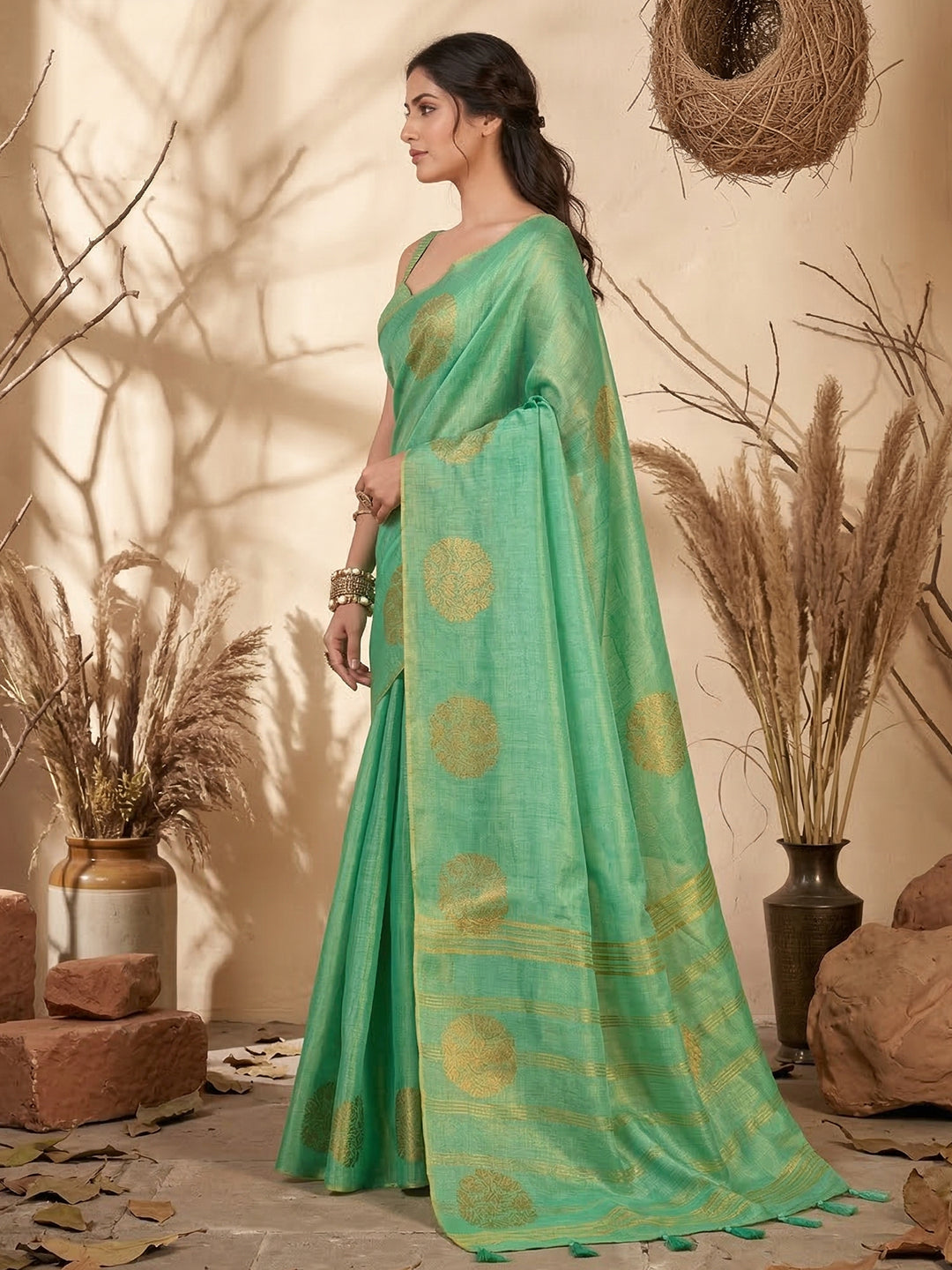Anaita Mint Tissue Silk Woven Saree With Blouse | Grocsy