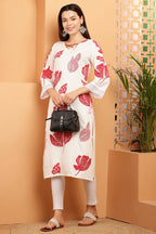 Cheera Women Stylish Hand Block Printed Cotton Blend Flared Kurta - Off White | Grocsy
