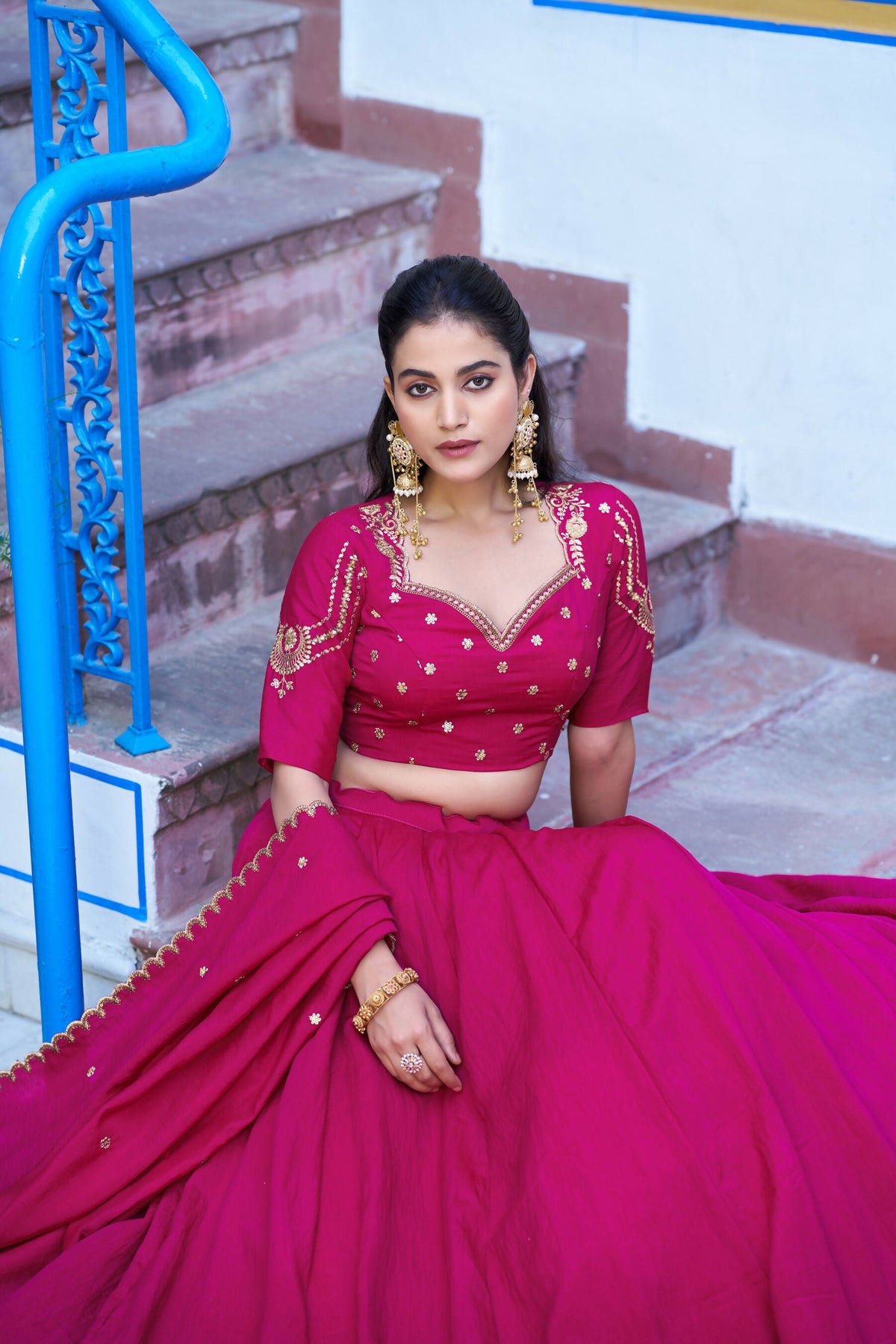 Lorenvalley Fashion Ranipink NC Silk Plain Lehenga Embroidery Work Choli with Dupatta | Grocsy
