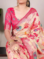 Vastranavya Cream Tussar Silk Printed with Viscose Border Saree with Unstitched Blouse | Grocsy
