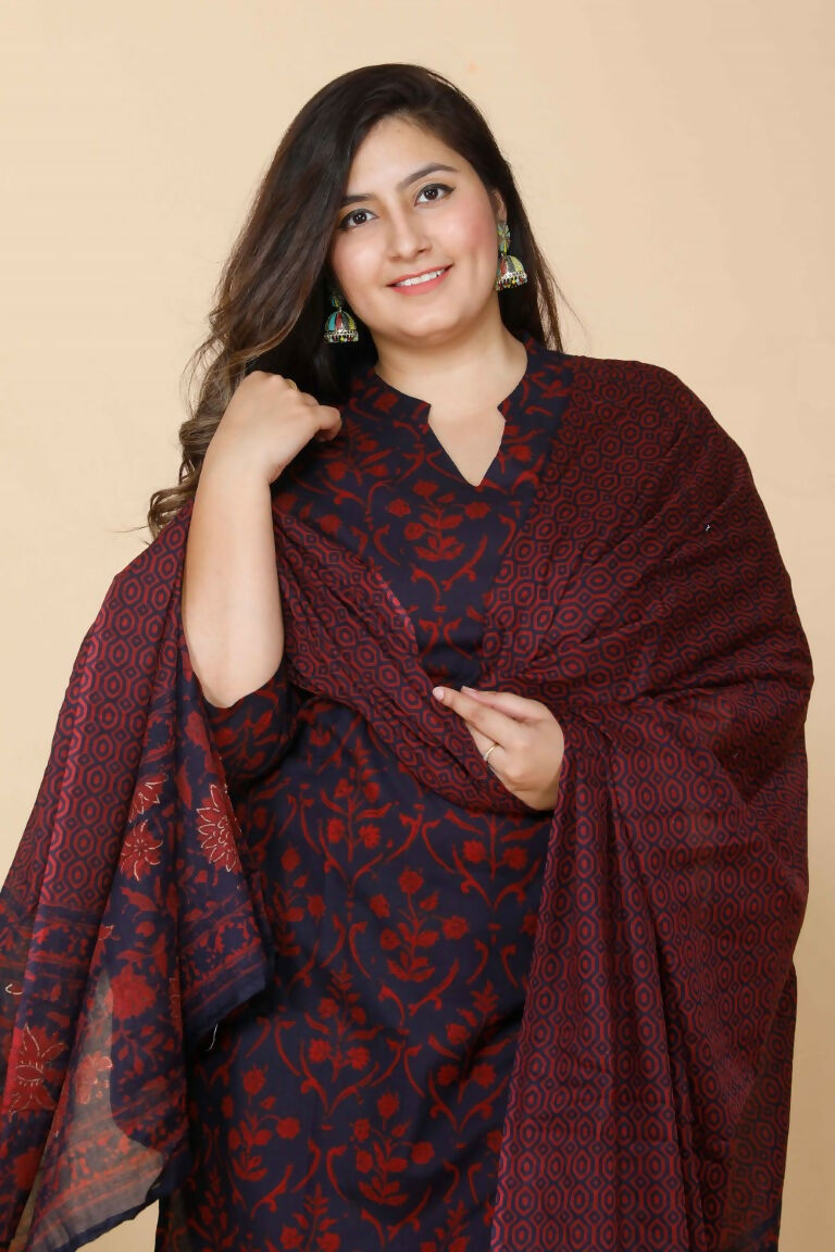 Miravan Women's Maroon Plus Size Floral Pure Cotton Kurta With Sharara And Dupatta Set | Grocsy