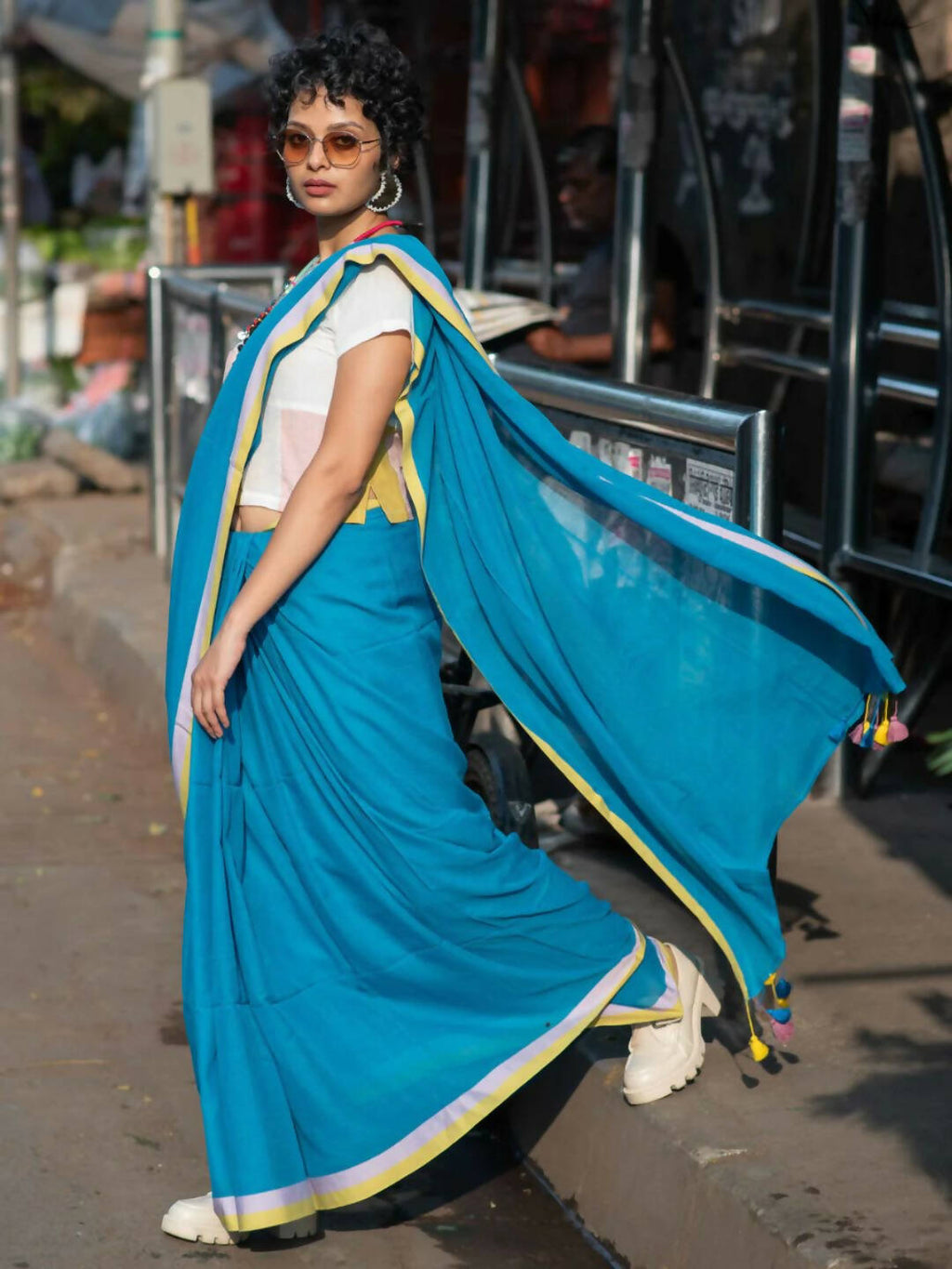 Suta Blue Solid Mul Cotton Saree | Grocsy