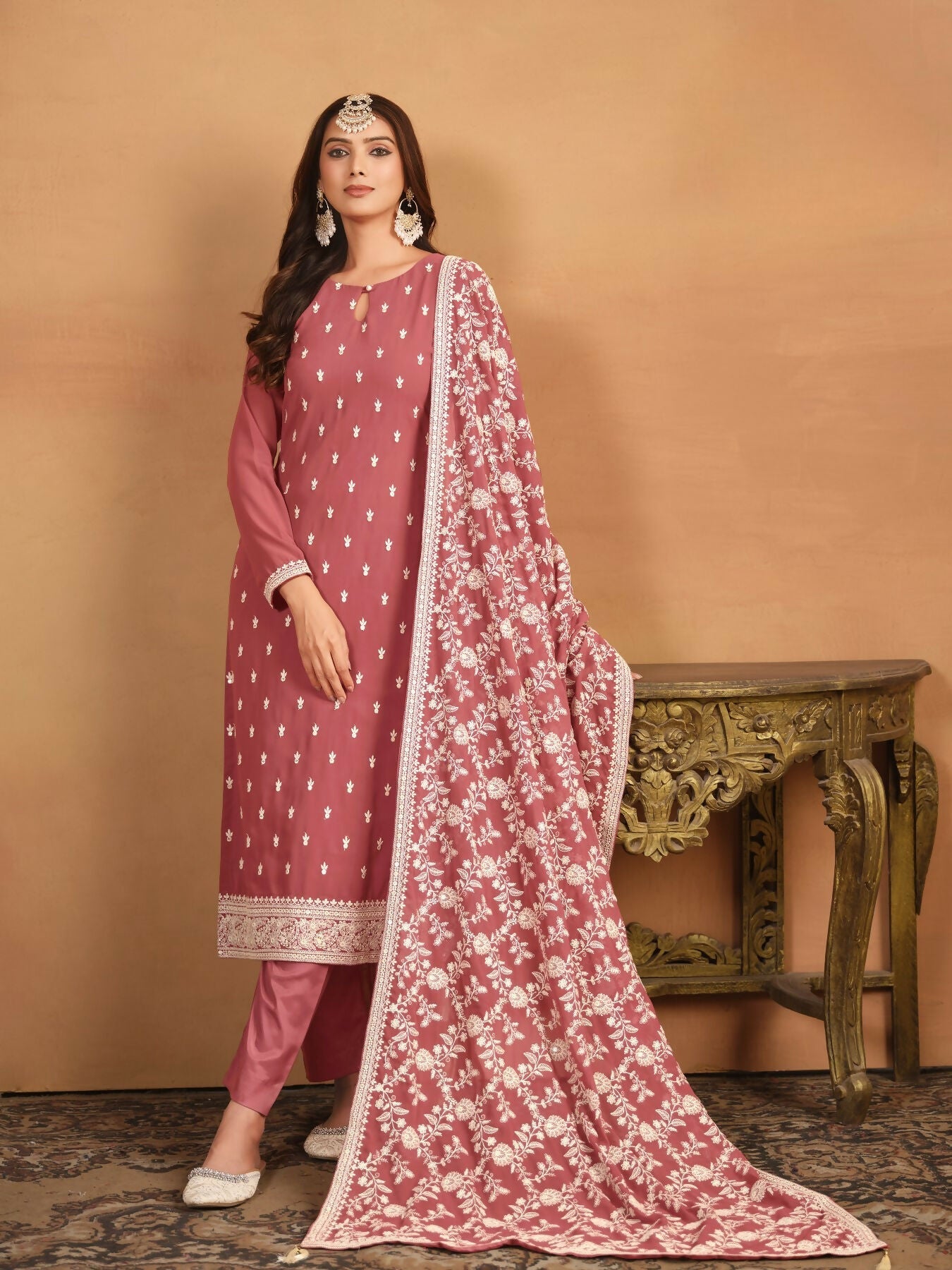 Anaita Brown Embroidered Faux Georgette Salwar Suit | Grocsy