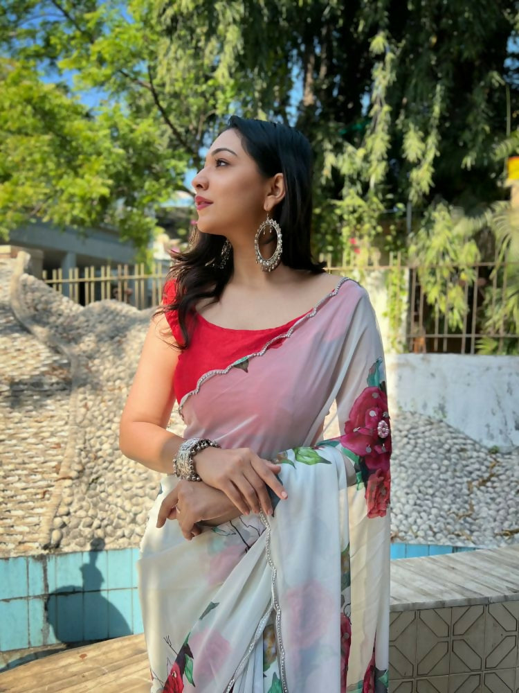 Vamsee Snehal White Georgette Saree | Grocsy