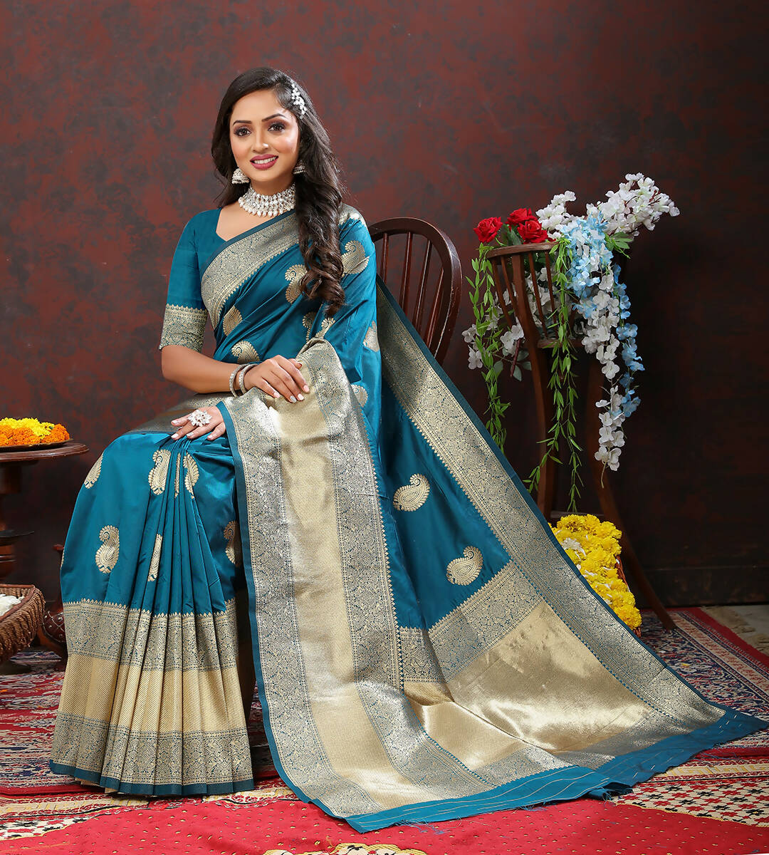 Lorenvalley Fashion Rama Soft Silk Woven Design Gold Zari Weaving Saree | Grocsy