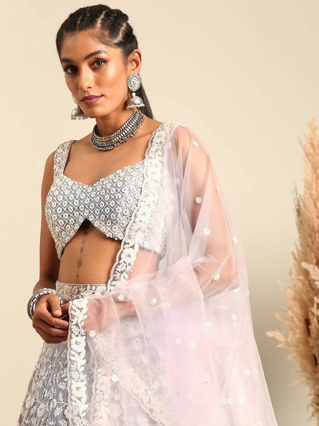 House of Panchhi Mauve Chinon Sequins and Zarkan embroidery Lehenga choli & Dupatta | Grocsy