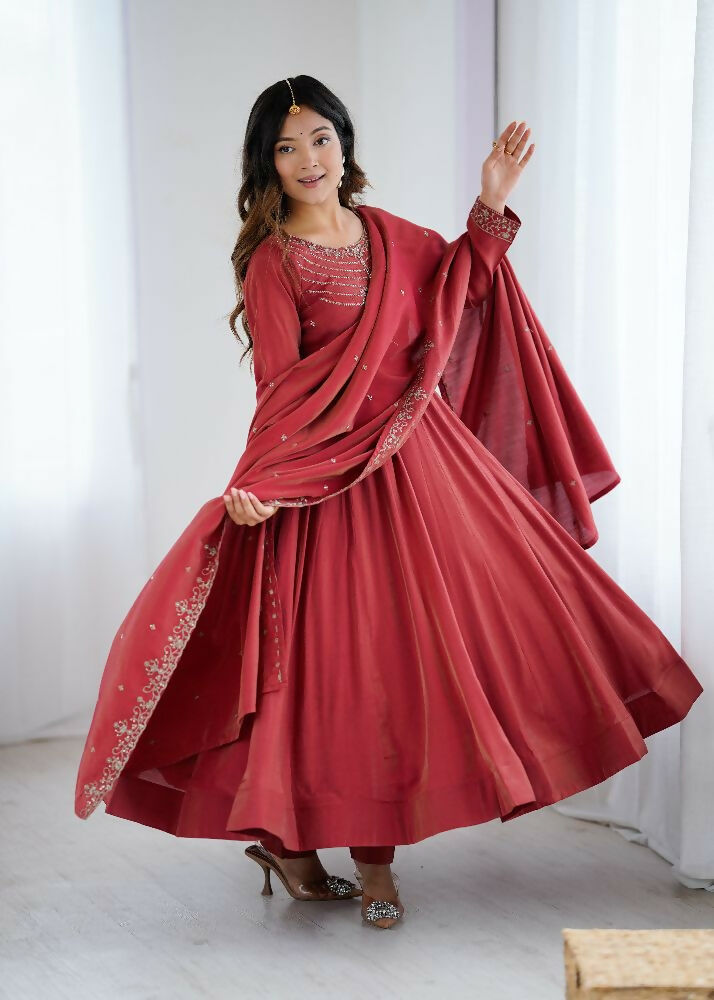 Joban Fashion Maroon Kurta Set Chanderi Sequence Embroidery Work | Grocsy