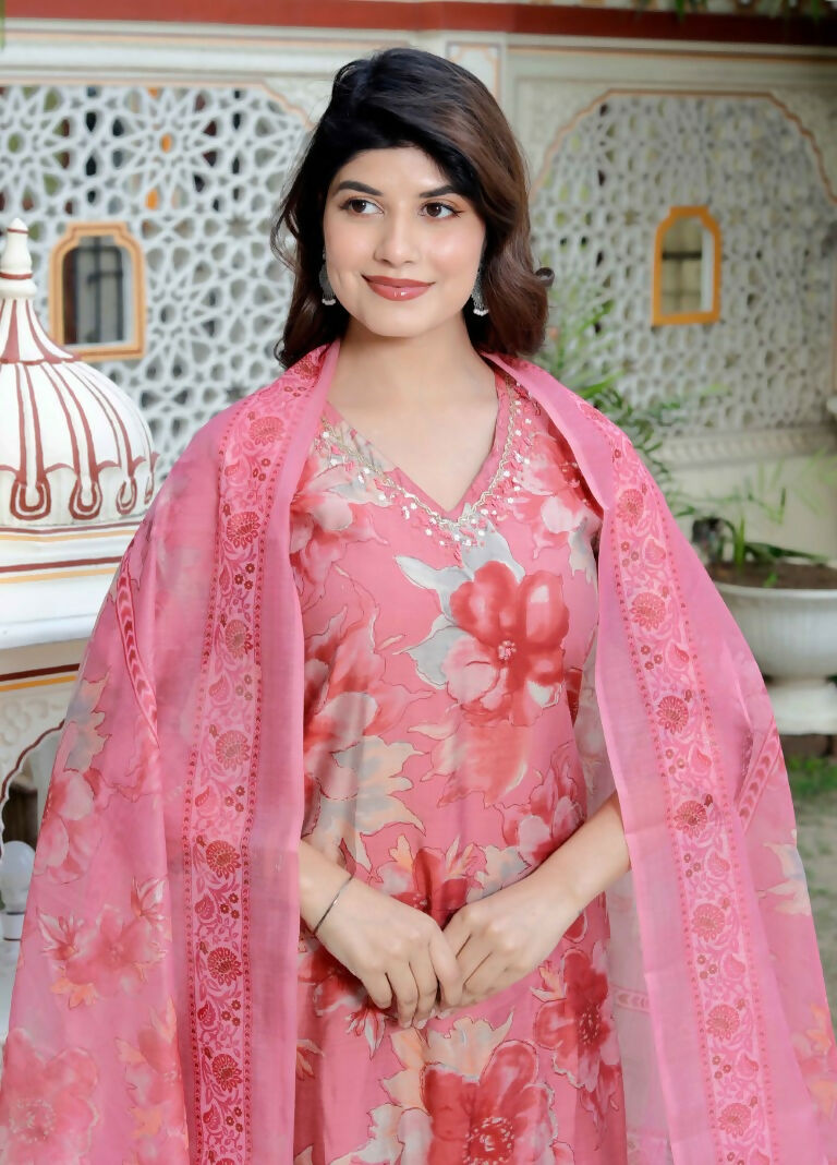 Miravan Women's Muslin Pink V-Neck Embroidered Kurta with Palazzo and Dupatta | Grocsy