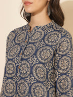 Janasya Women's Blue Cotton Ethnic Motifs Casual Regular Co-ords | Grocsy