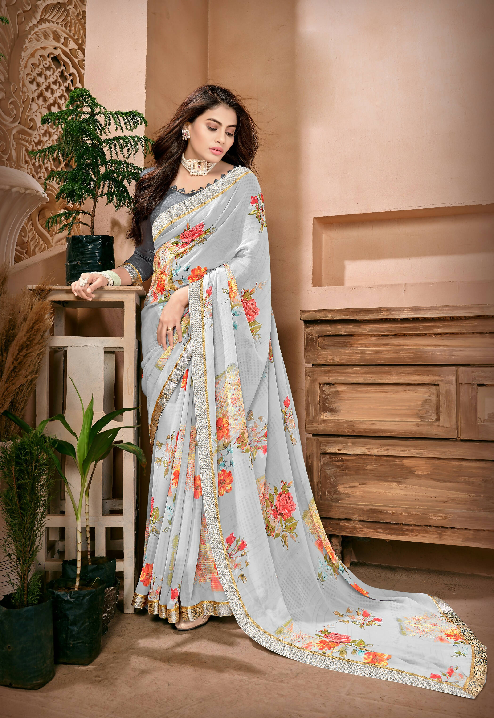 Grey Georgette Floral Printed Saree With Unstitched Blouse Piece - Jyoti | Grocsy