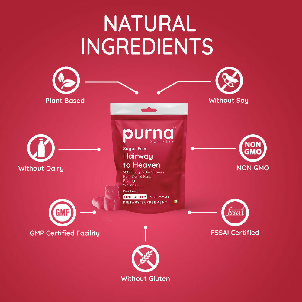 Purna Gummies Hair Biotin Cranberry Sugar Free Gummies with Vitamin B12 for Hair & Nail | Grocsy
