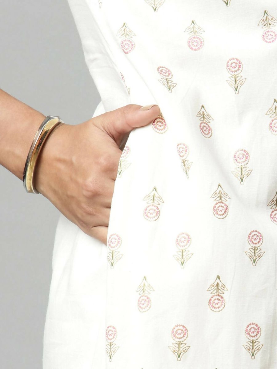 Ahalyaa Women's Off White Cotton Printed Kurta | Grocsy