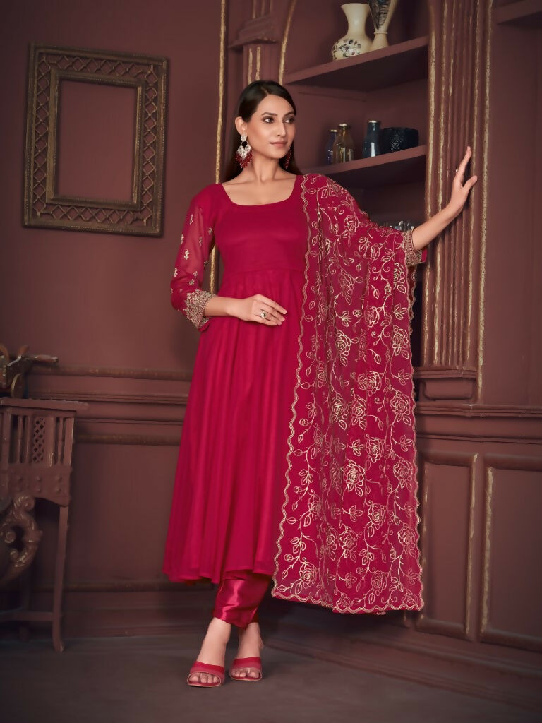 Jyoti Fashion Women's Rani Pink Georgette Embroidered Anarkali Kurta Pant Set With Dupatta | Grocsy