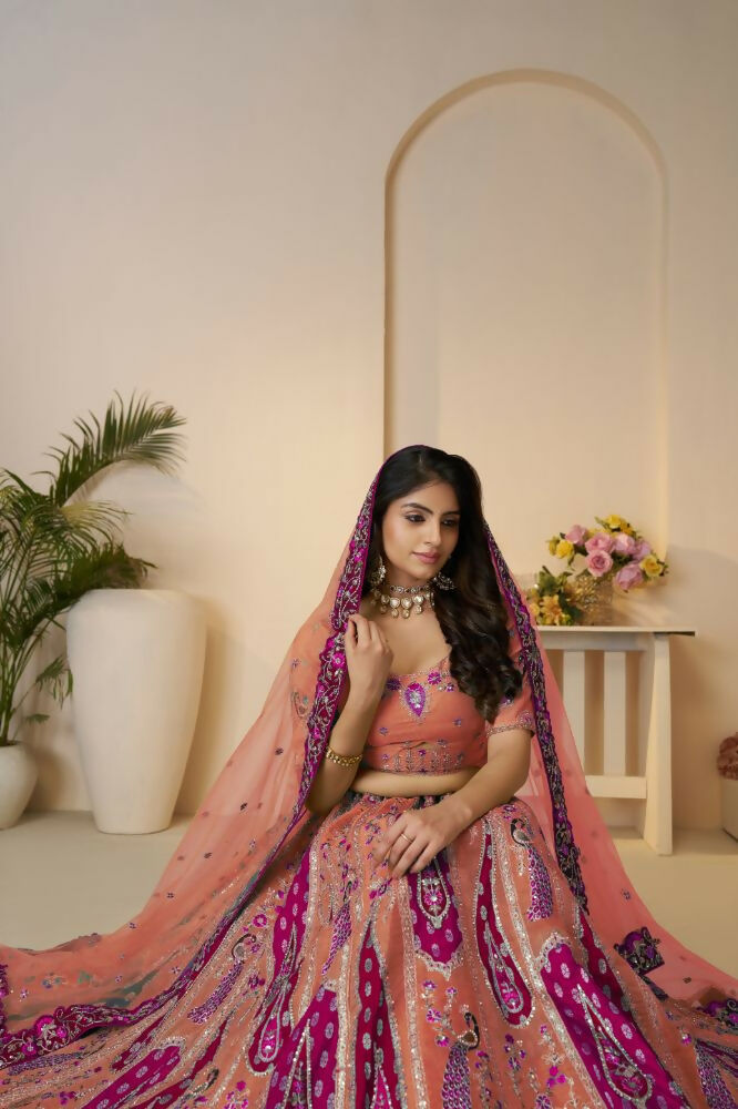 Kesar Fab Orange Banarasi Silk Embroidered Lehenga | Grocsy