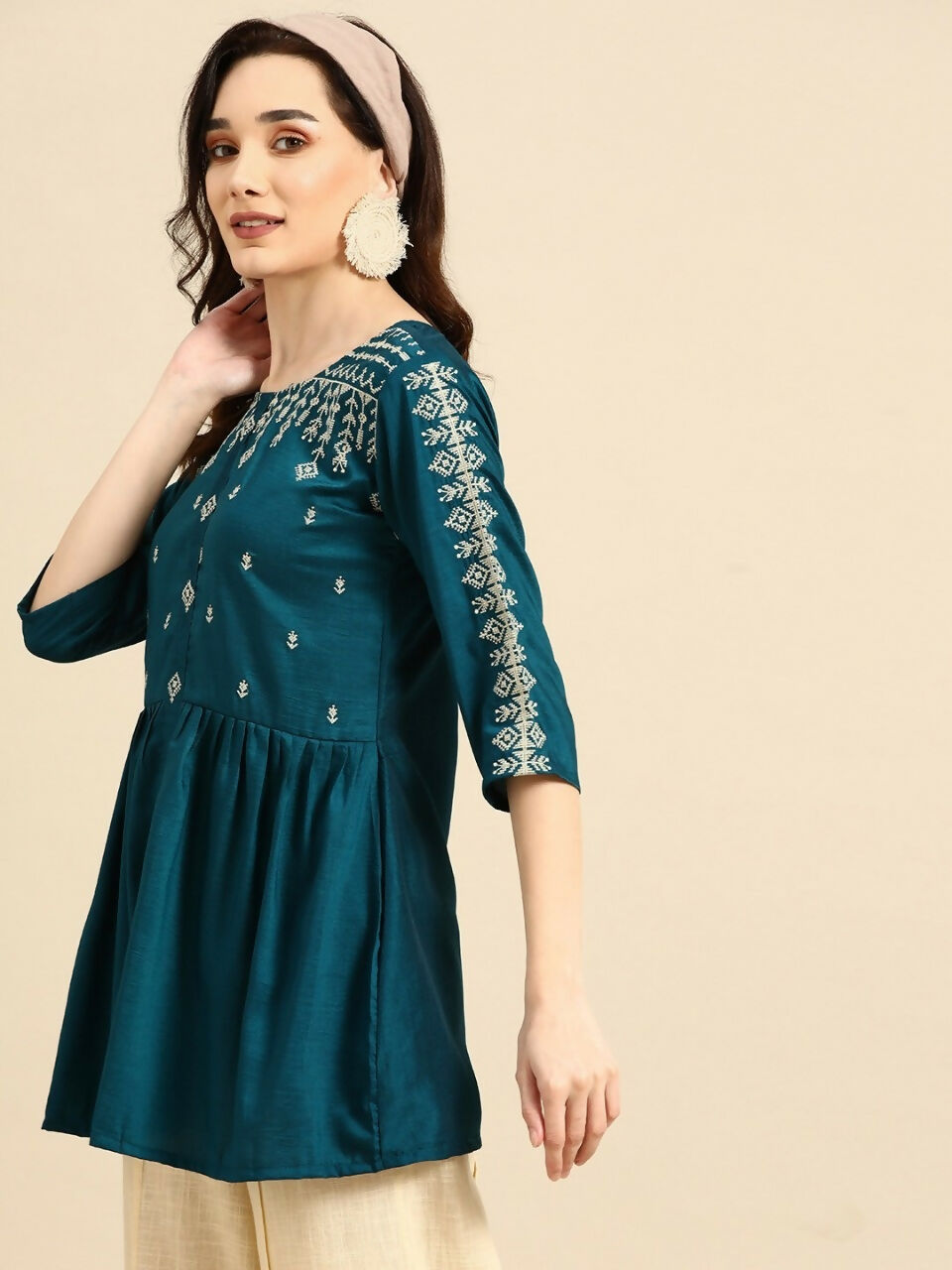 Women's Teal Viscose blend Embroidered Short Top - Marina | Grocsy