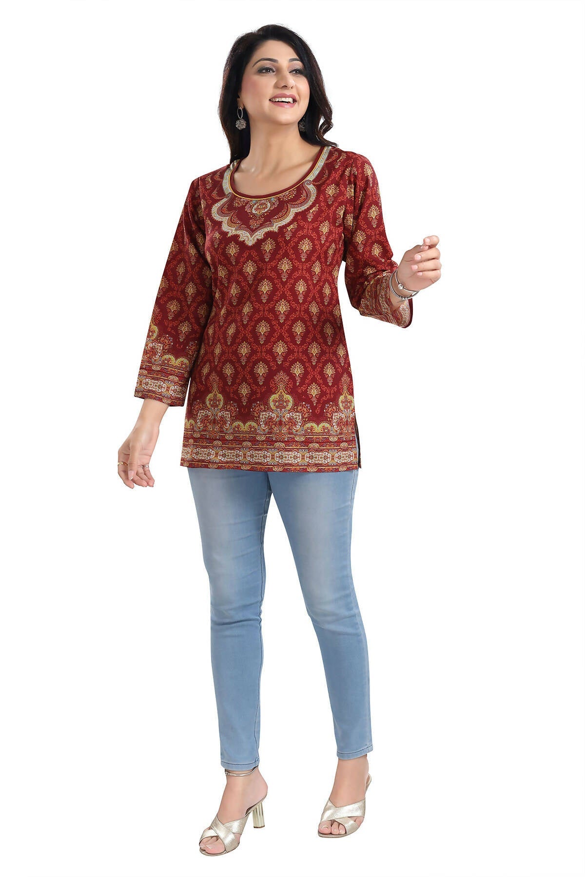 Snehal Creations Magical Maroon Printed Short Kurti Tunic Top | Grocsy